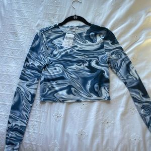Long Sleeve Blue & White Crop Top